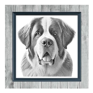 Peut inclure: Motif de point de croix monochrome d'un chien Saint-Bernard. Le visage du chien est détaillé avec un effet de pointillé, encadré dans un cadre bleu foncé, et placé sur un fond clair en grain de bois. Le texte "SAINT BERNARD 1" et "MONOCHROME CROSS STITCH PATTERN" sont affichés.