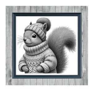 May include: Monochrome cross-stitch pattern of a squirrel in a knitted hat and sweater. The image is framed, with the text "WINTER IS COMING" above the squirrel. The words "MONOCHROME CROSS STITCH PATTERN" are at the bottom of the image.