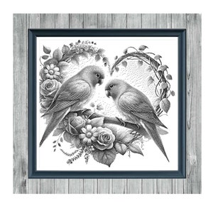 Peut inclure: Motif de point de croix noir et blanc de deux tourtereaux perchés sur une couronne de fleurs en forme de cœur. Le motif est intitulé "Valentine's Day 2" et étiqueté "MONOCHROME CROSS STITCH PATTERN".