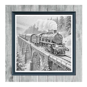 Könnte beinhalten: Schwarz-weiß-Kreuzstichmuster eines Dampfzuges auf einer Brücke, gerahmt in einem dunkelblauen Rahmen. Das Bild enthält den Text "OLD RAILROAD 3" oben und "MONOCHROME CROSS STITCH PATTERN" unten.