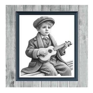Può includere: Schema a punto croce in bianco e nero di un giovane ragazzo con cappello e sciarpa, che suona l'ukulele. Il modello è intitolato "Busker" e "Monochrome Cross Stitch Pattern".