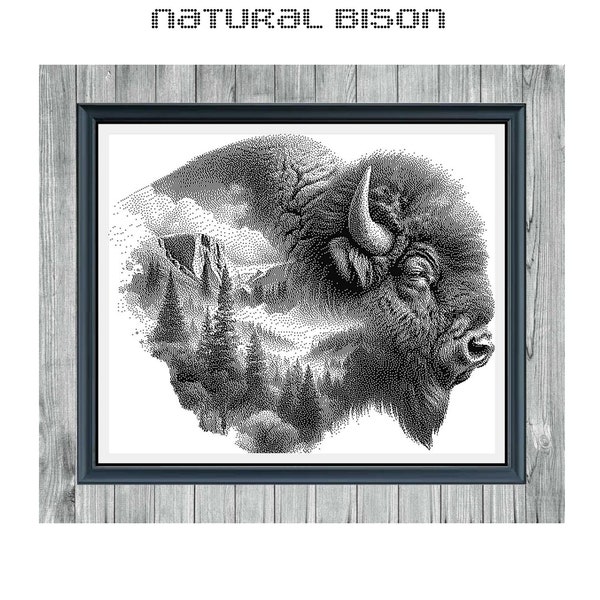 Natural Bison - Monochrome Cross Stitch Design - Digital PDF Instant Download - B&W