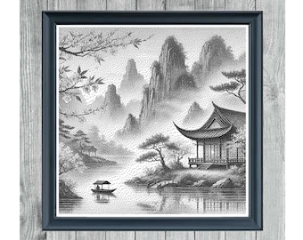 East Asian Ink Paintings 1 - Elegant Single Color Cross-Stitch PDF – Instant Download Chart