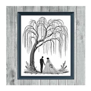 Può includere: Schema di punto croce in bianco e nero di una coppia di sposi in piedi sotto un salice piangente. Lo schema è intitolato "Wedding Weeping Willow 1" e "Monochrome Cross Stitch Pattern".