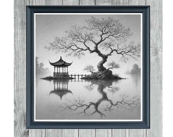 May include: Black and white cross stitch pattern of a traditional Chinese pavilion with a tree and reflection in the water. The pattern is framed and labeled "MONOCHROME CROSS STITCH PATTERN".
