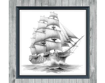 Vintage Ship 2 - Explore Monochrome Cross Stitch - Digital PDF Pattern - Instant Download - Craft with Ease Using the Pattern Keeper App