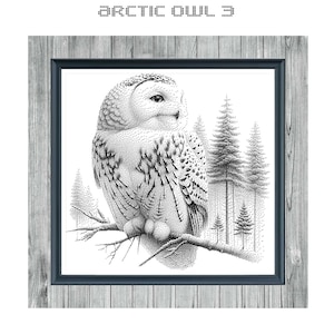 May include: Black and white cross stitch pattern of an Arctic owl perched on a branch in a snowy forest. The pattern is titled "Arctic Owl 3" and labelled "Monochrome Cross Stitch Pattern".