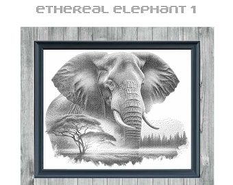 Ethereal Elephant 1 - Digital PDF Monochrome Cross Stitch Pattern