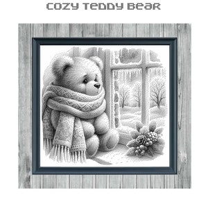 Peut inclure: Un motif de point de croix en noir et blanc représentant un ours en peluche portant une écharpe et regardant par une fenêtre. Le texte "Cozy Teddy Bear" est en haut de l'image et "Monochrome Cross Stitch Pattern" en bas.