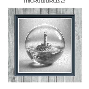 May include: A black and white cross stitch pattern of a lighthouse on an island inside a glass sphere. The pattern is titled "MICROWORLD 2 MONOCHROME CROSS STITCH PATTERN".