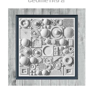 Op de afbeelding: Een zwart-wit kruissteekpatroon van geometrische vormen, waaronder cirkels, vierkanten en rechthoeken. Het patroon is ingelijst en heeft de tekst "Geometry 2" en "Monochrome Cross Stitch Pattern".