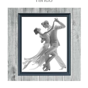 May include: A black and white cross stitch pattern of a couple dancing the tango. The pattern is framed in a wooden frame with a grey mount.