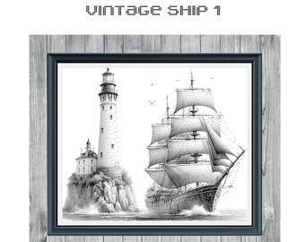 Vintage Ship 1 - Monochrome Cross Stitch - Instant Download Digital PDF Patterns Perfect for Pattern Keeper App Users