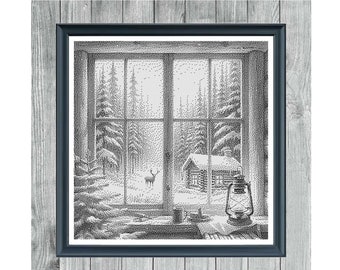 Winter Window 2 - Monochrome Cross Stitch Pattern - Digital PDF - Instant Download