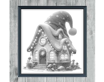 Gnome House 2 - Pattern Keeper-ready Monochrome Cross Stitch