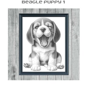 May include: A black and white cross stitch pattern of a Beagle puppy with its tongue sticking out and one eye closed. The pattern is framed in a dark blue frame and set against a woodgrain background. The text "BEAGLE PUPPY 1" is at the top of the image and "MONOCHROME CROSS STITCH PATTERN" is at the bottom.