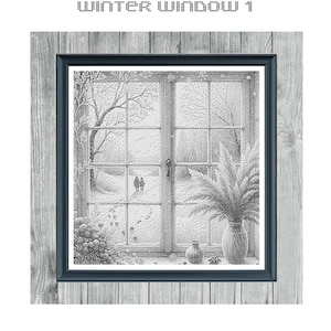 Può includere: Schema di punto croce in bianco e nero di una scena invernale vista attraverso una finestra. La scena include una coppia che cammina nella neve, un albero e un vaso di fiori.