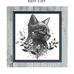 以下が含まれることがあります： 黒と白のクロスステッチパターンで、猫と葉と花が描かれています。パターンは「DOT CAT」と「MONOCHROME CROSS STITCH PATTERN」というタイトルです。
