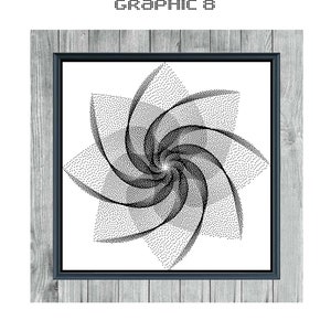 Op de afbeelding: Een zwart-wit kruissteekpatroon van een draaiende, stervormige vorm. Het patroon is ingelijst in een zwart frame en geplaatst tegen een houtnerf achtergrond. De tekst "GRAPHIC 8" en "MONOCHROME CROSS STITCH PATTERN" wordt onder de afbeelding weergegeven.