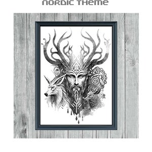 May include: Black and white cross stitch pattern of a man with antlers, a beard, and a wolf. The pattern is framed and has the text "NORDIC THEME" and "MONOCHROME CROSS STITCH PATTERN" at the top and bottom.