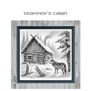 Op de afbeelding: Een zwart-wit kruissteekpatroon van een hut in het bos met een wolf die in de sneeuw staat. De tekst "TRAPPER'S CABIN" staat bovenaan de afbeelding en "MONOCHROME CROSS STITCH PATTERN" onderaan.