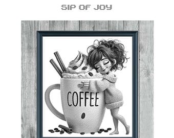 Sip of Joy - Check Monochrome Cross Stitch - Digital PDF Pattern - Instant Download