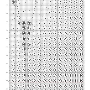 May include: Black and white cross stitch pattern chart for a snowy alley scene. The chart is divided into a grid with numbers along the top and side. The pattern includes a building, trees, and snow.