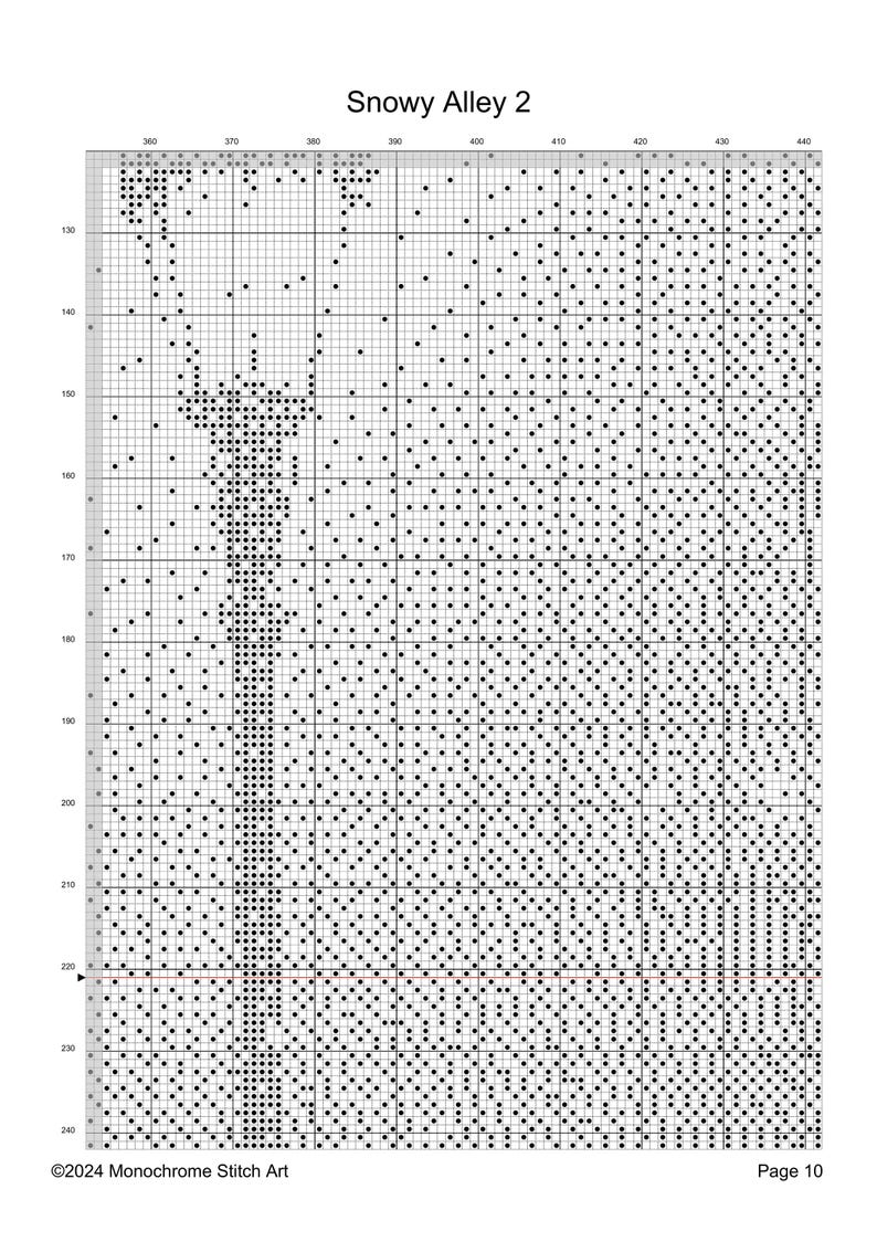 May include: Black and white cross stitch pattern chart for a snowy alley scene. The chart is divided into a grid with numbers along the top and side. The pattern includes a building, trees, and snow.