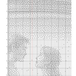 May include: Black and white cross stitch pattern for a design called "Passing". The pattern is on a grid with numbers along the top and side.
