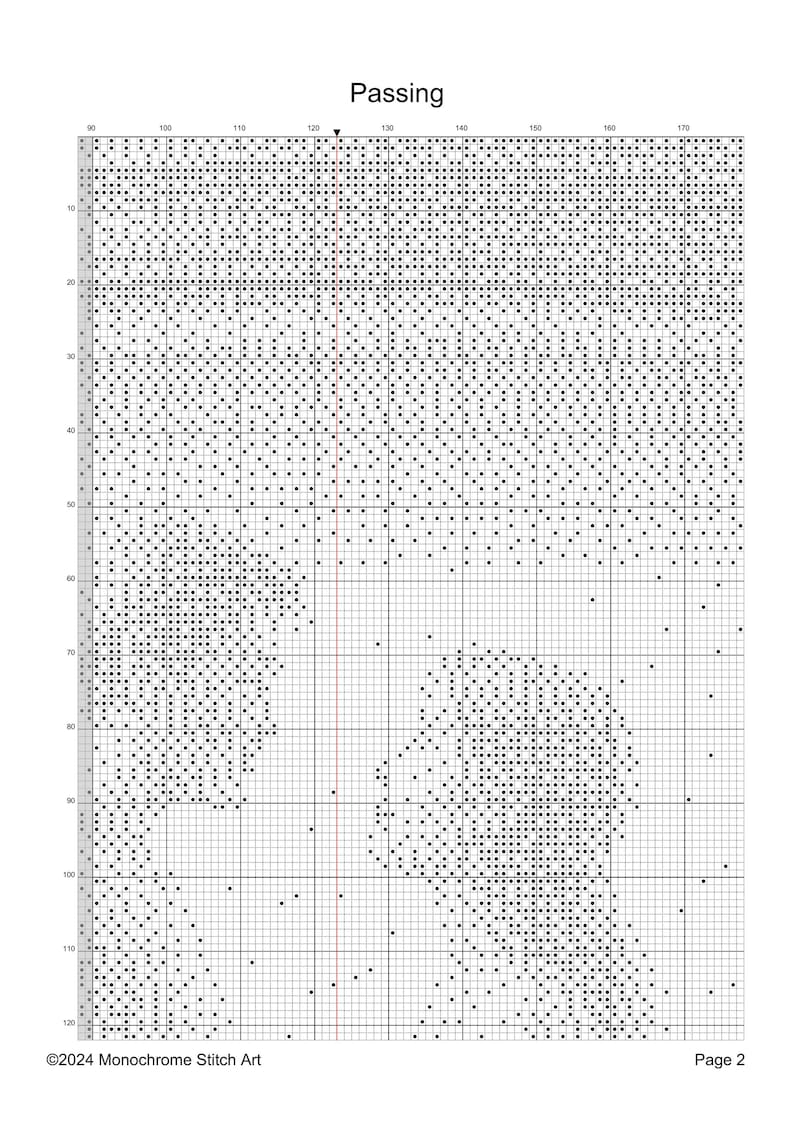 May include: Black and white cross stitch pattern for a design called "Passing". The pattern is on a grid with numbers along the top and side.
