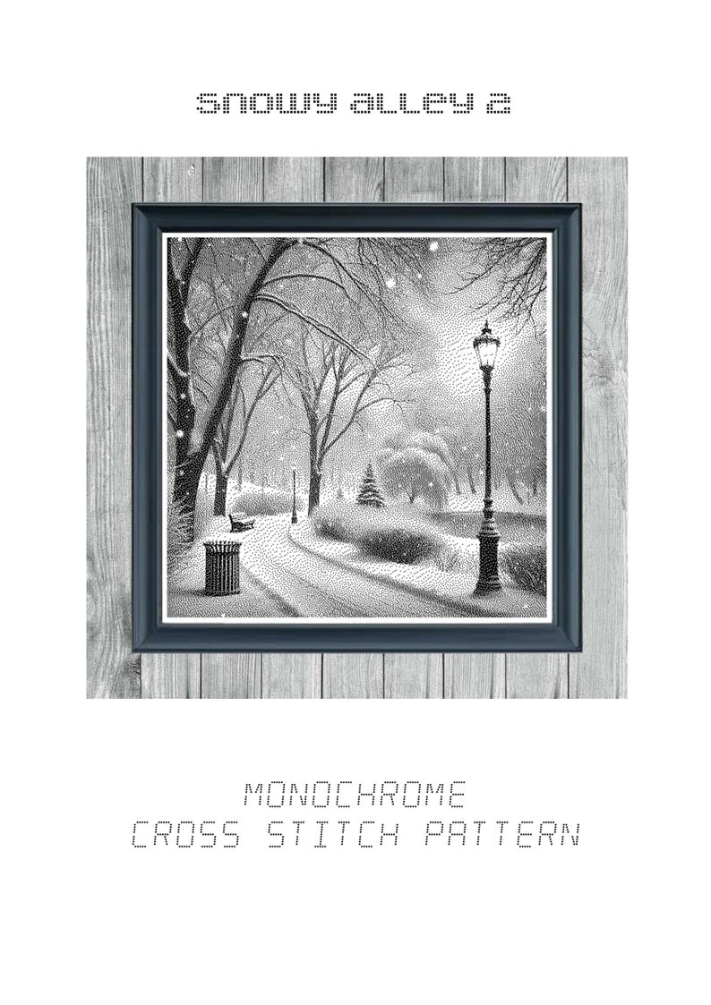 May include: A black and white cross stitch pattern of a snowy alleyway with a street lamp and a bin. The pattern is framed in a black frame with a grey mount.
