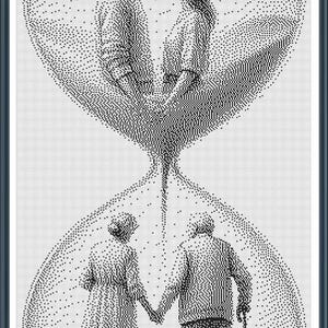 May include: A black and white illustration of an hourglass with two couples inside. The top of the hourglass shows a younger couple, while the bottom shows an older couple.