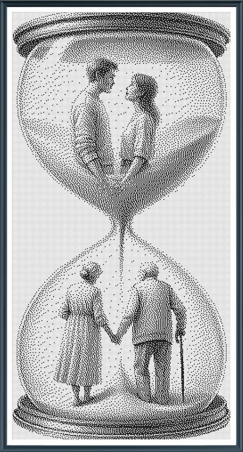 May include: A black and white illustration of an hourglass with two couples inside. The top of the hourglass shows a younger couple, while the bottom shows an older couple.