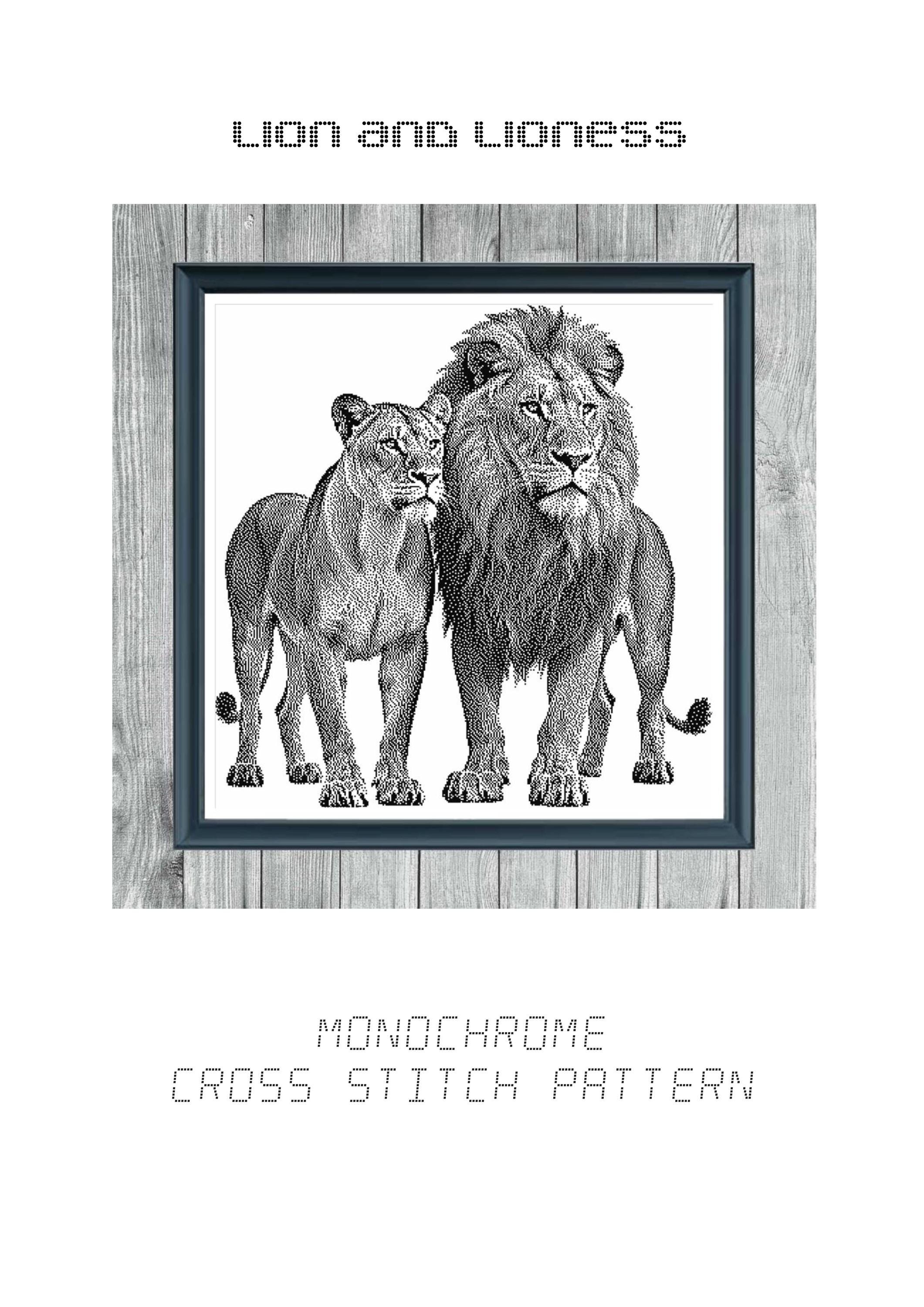 Lion and Lioness - Monochrome Cross Stitch Pattern - Animal