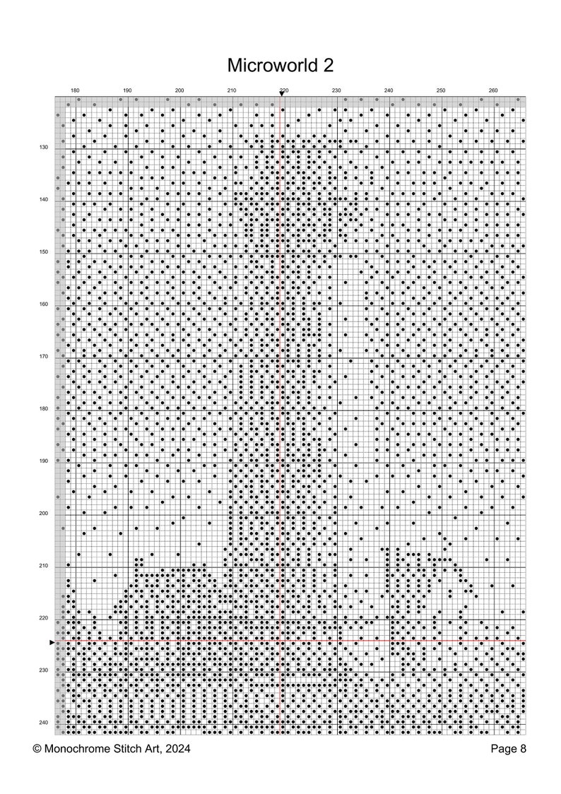May include: Black and white pixel art design of a building with a tall tower. The design is on a grid with numbers along the top and side. The title "Microworld 2" is at the top of the grid. The text "Monochrome Stitch Art, 2024" is at the bottom left of the grid. The text "Page 8" is at the bottom right of the grid.