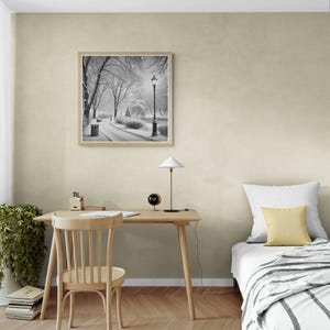 May include: A black and white photograph of a snowy park scene with a lamppost in the centre. The photograph is framed in a light wood frame and is hanging on a beige wall.