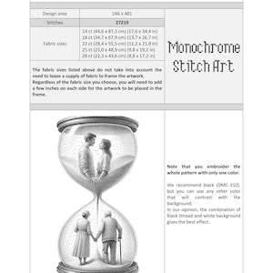 May include: Black and white cross-stitch pattern of an hourglass with a couple inside, representing the passage of time. The pattern is titled "Passing" and includes instructions for fabric sizes and stitch count.