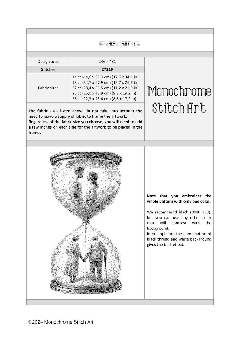 May include: Black and white cross-stitch pattern of an hourglass with a couple inside, representing the passage of time. The pattern is titled "Passing" and includes instructions for fabric sizes and stitch count.