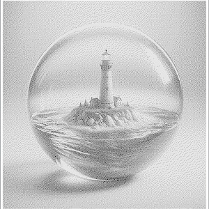 May include: A black and white illustration of a lighthouse on a small island inside a glass sphere. The lighthouse is tall and thin with a small light at the top. The island is rocky and surrounded by water. The glass sphere is clear and has a slight shadow underneath.