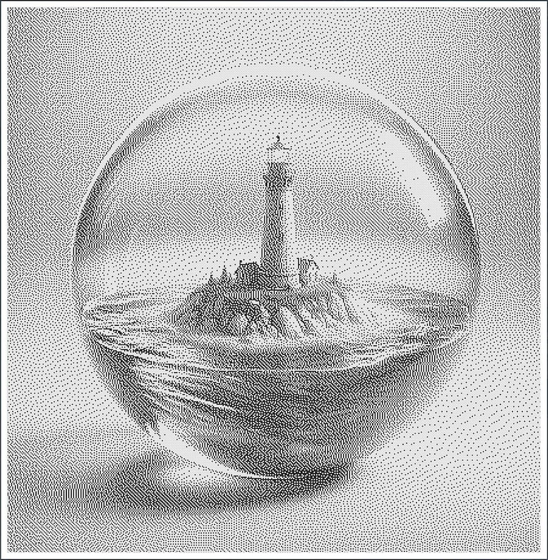 May include: A black and white illustration of a lighthouse on a small island inside a glass sphere. The lighthouse is tall and thin with a small light at the top. The island is rocky and surrounded by water. The glass sphere is clear and has a slight shadow underneath.