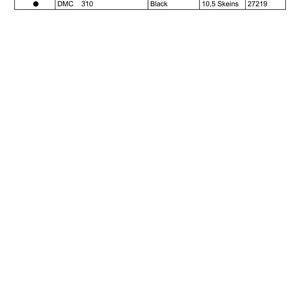 May include: A black and white chart with the title "Passing" and a table listing the DMC thread number 310, the name "Black", the length "10.5 Skeins", and the number of stitches "27219".