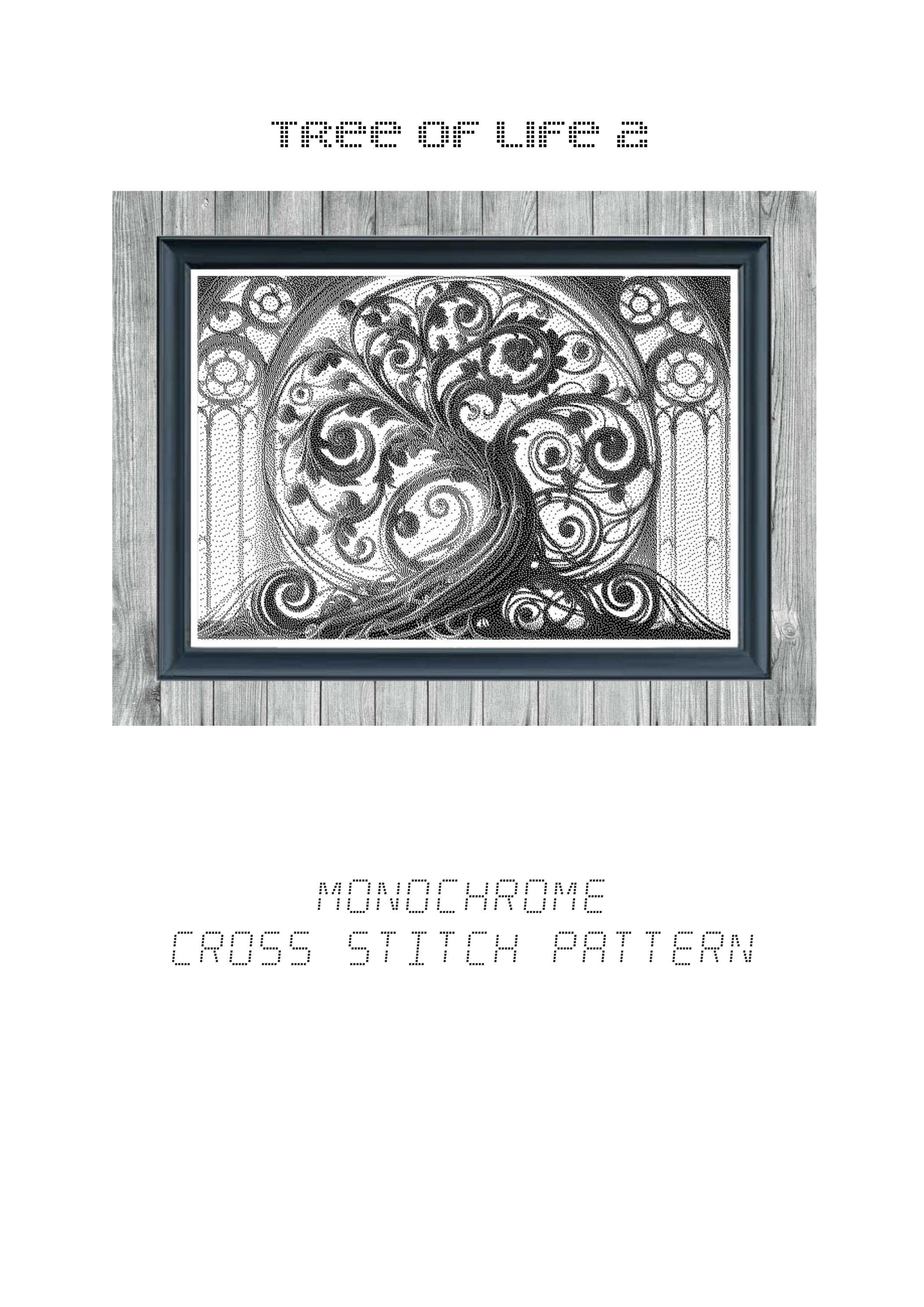 Tree of Life 2 - Monochrome Cross-Stitch Pattern PDF – Elegant Black & White Design