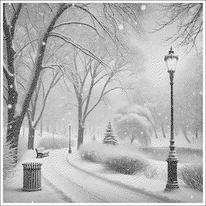 May include: A black and white illustration of a snowy park scene with a street lamp, trees, and a path. The snow is falling and the street lamp is lit.