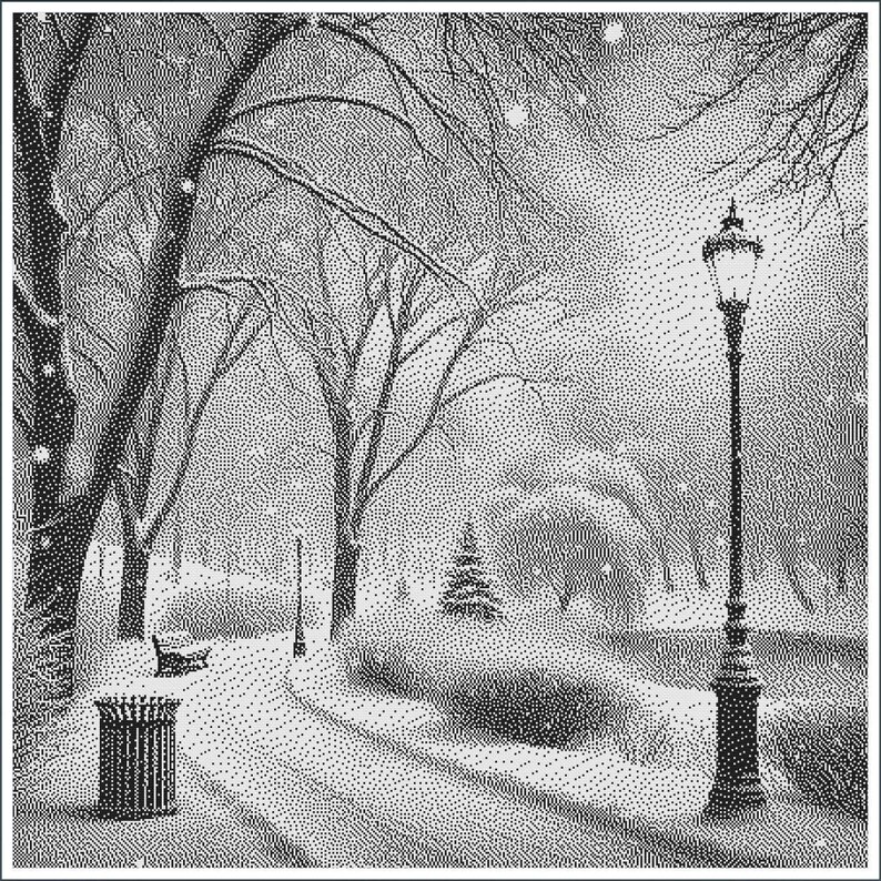 May include: A black and white illustration of a snowy park scene with a street lamp, trees, and a path. The snow is falling and the street lamp is lit.