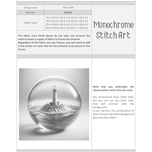 May include: A black and white cross-stitch pattern of a lighthouse on a small island inside a glass orb. The pattern is titled "Monochrome Stitch Art" and includes instructions for stitching the design using only one color of thread.