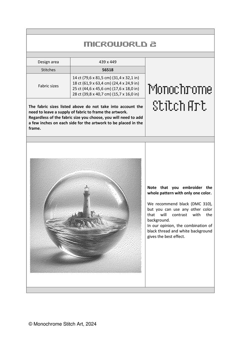 May include: A black and white cross-stitch pattern of a lighthouse on a small island inside a glass orb. The pattern is titled "Monochrome Stitch Art" and includes instructions for stitching the design using only one color of thread.