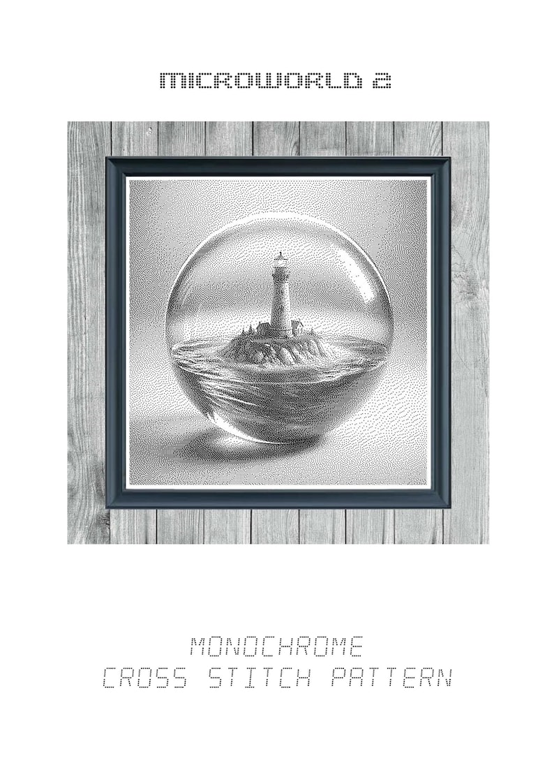 May include: A black and white cross stitch pattern of a lighthouse on an island inside a glass sphere. The pattern is titled "MICROWORLD 2 MONOCHROME CROSS STITCH PATTERN".