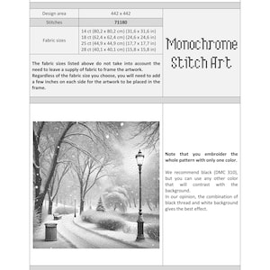 May include: A black and white cross stitch pattern of a snowy alleyway with a street lamp and two benches. The pattern is titled "Snowy Alley 2" and includes the text "Monochrome Stitch Art".