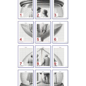 May include: A black and white cross stitch pattern chart for a design called "Passing". The chart is divided into 12 sections, each with a number from 1 to 12. The design features a couple walking through a doorway, with the woman in front and the man behind her.