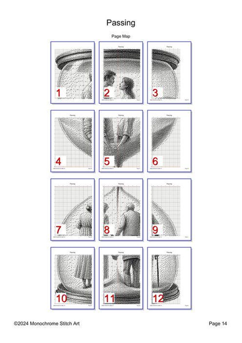 May include: A black and white cross stitch pattern chart for a design called "Passing". The chart is divided into 12 sections, each with a number from 1 to 12. The design features a couple walking through a doorway, with the woman in front and the man behind her.